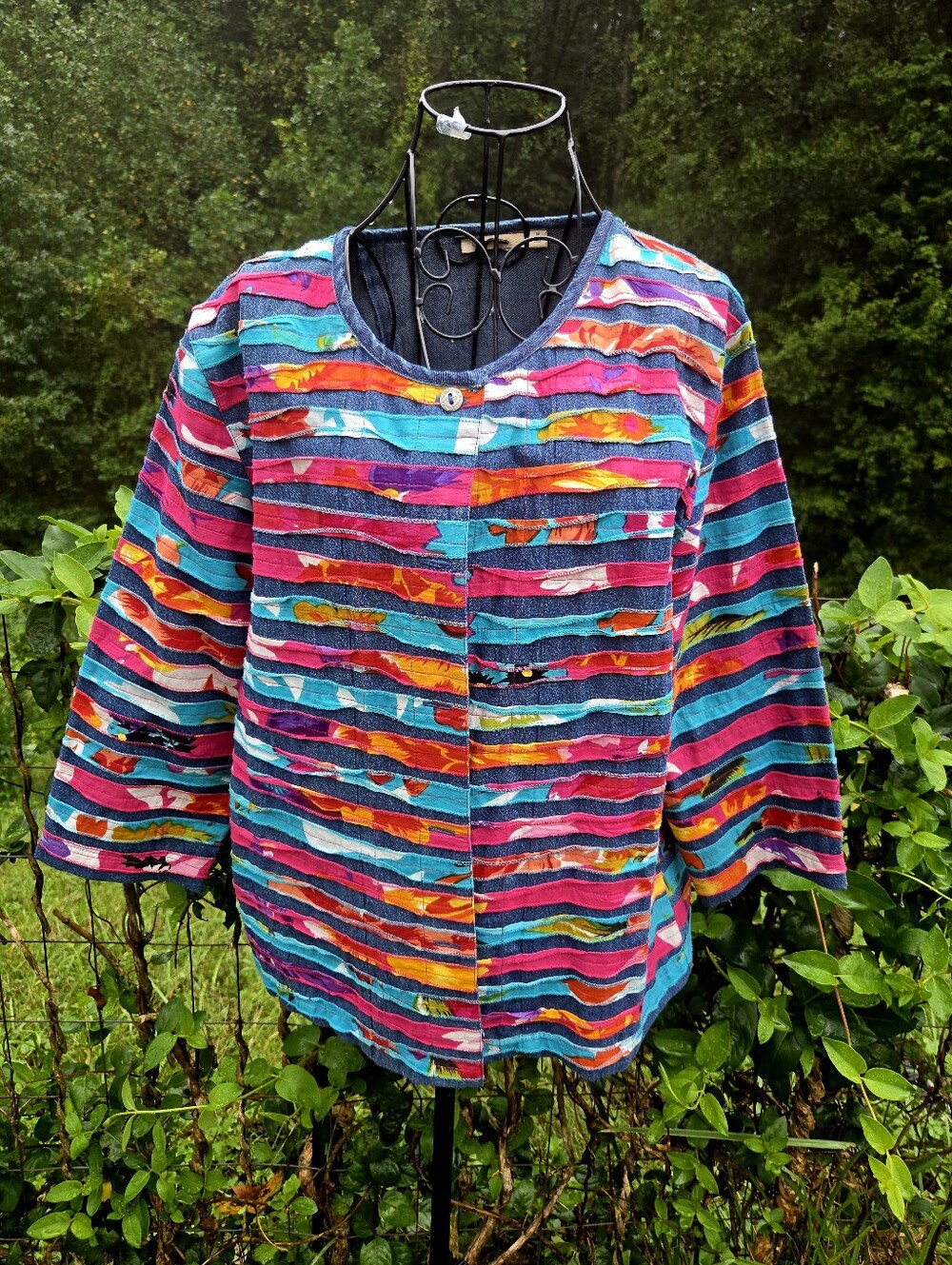 Vintage Denim Colorful Striped Jacket Cardigan Size M Fall